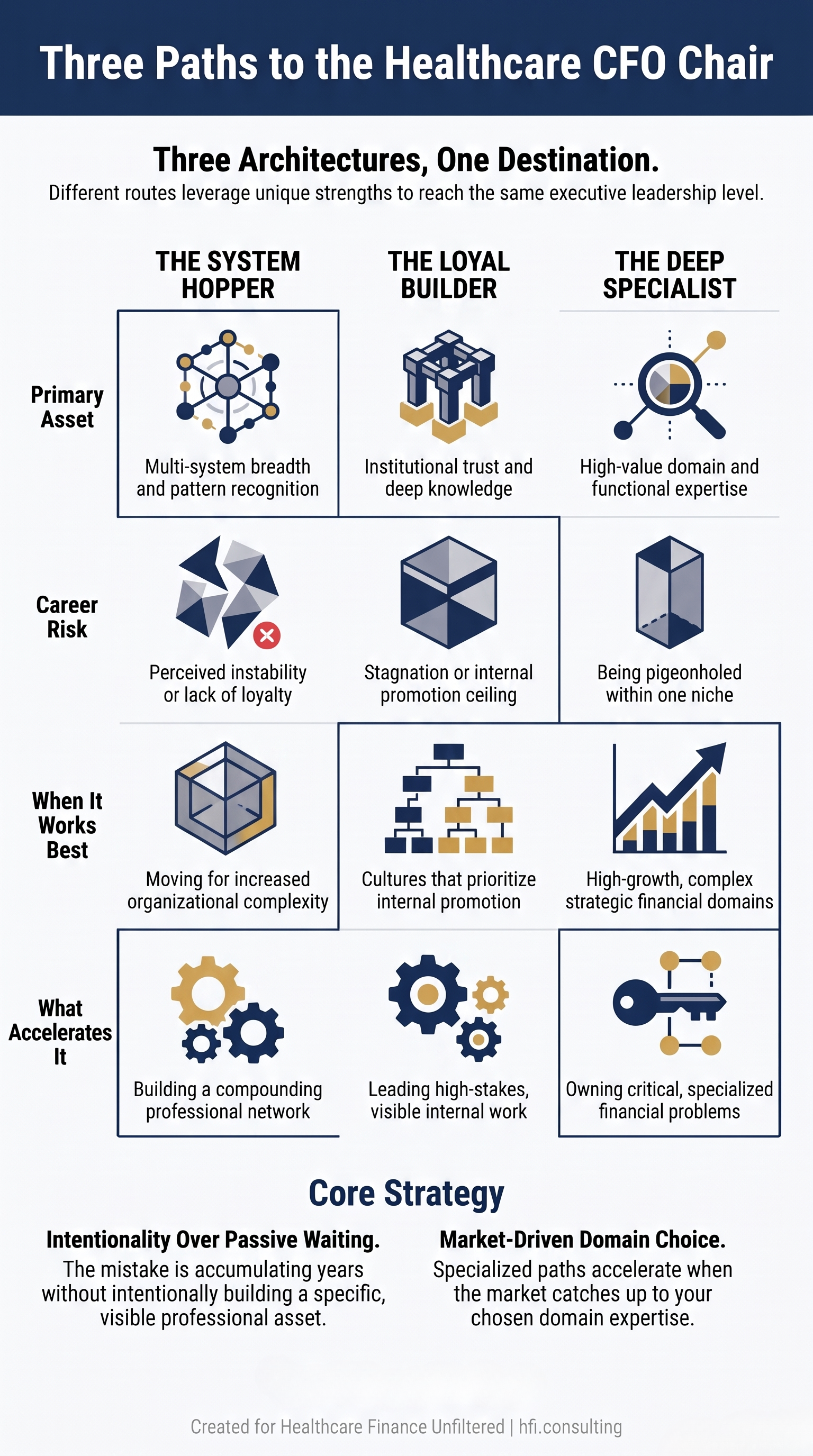 Three-column comparison table contrasting the System Hopper, Loyal Builder, and Deep Specialist career paths for women in healthcare finance, with key advantages, risks, and acceleration factors for each