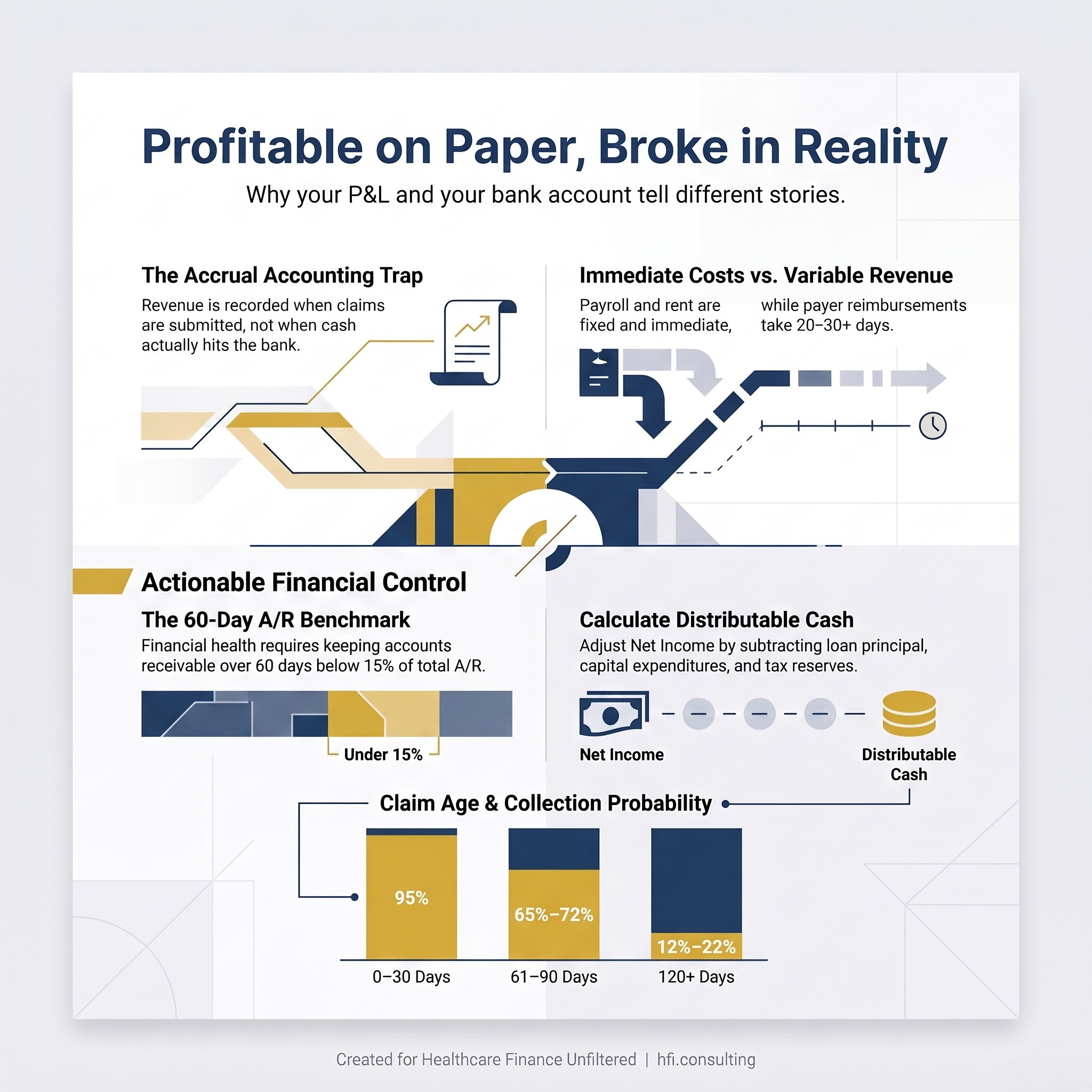 Bold headline graphic reading "Profitable on Paper, Broke in Reality" with subtitle on the physician practice cash flow gap