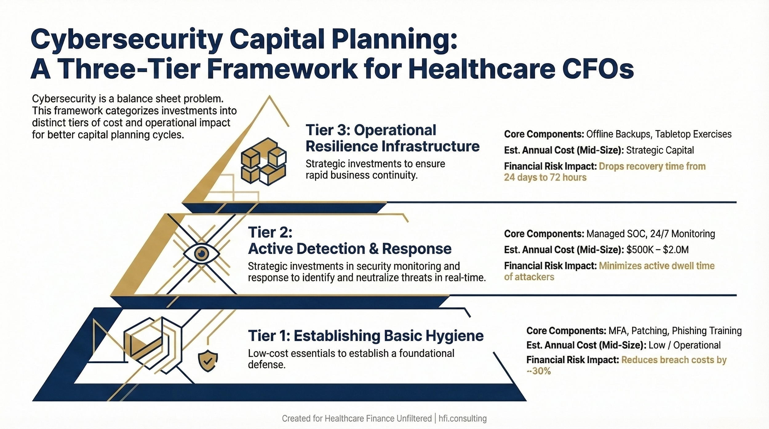 Stacked pyramid or three-column layout showing Tier 1 (Basic Hygiene), Tier 2 (Detection and Response), and Tier 3 (Resilience Infrastructure) with estimated cost ranges and risk mitigation impact for each tier.