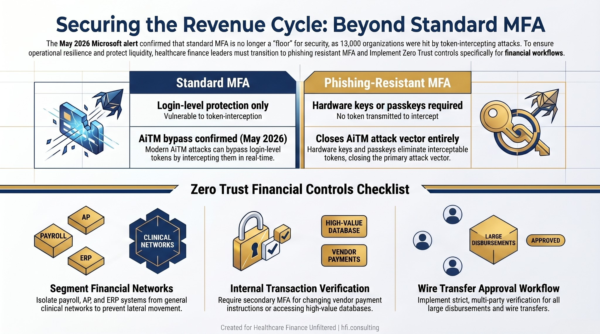 Comparison table of standard MFA versus phishing-resistant MFA capabilities and a Zero Trust financial controls checklist for healthcare CFOs