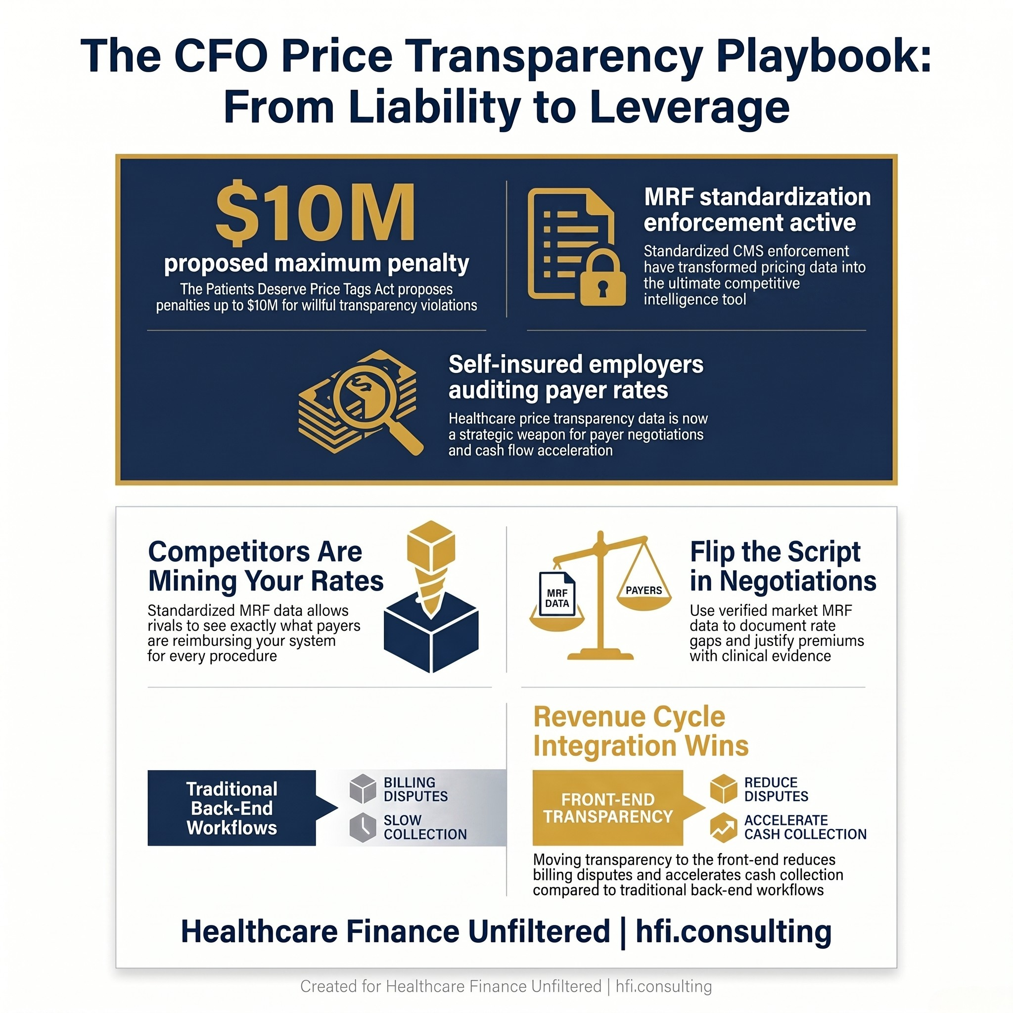 Three data points on healthcare price transparency enforcement escalation for hospital CFOs, including the $10M penalty proposed under the Patients Deserve Price Tags Act.