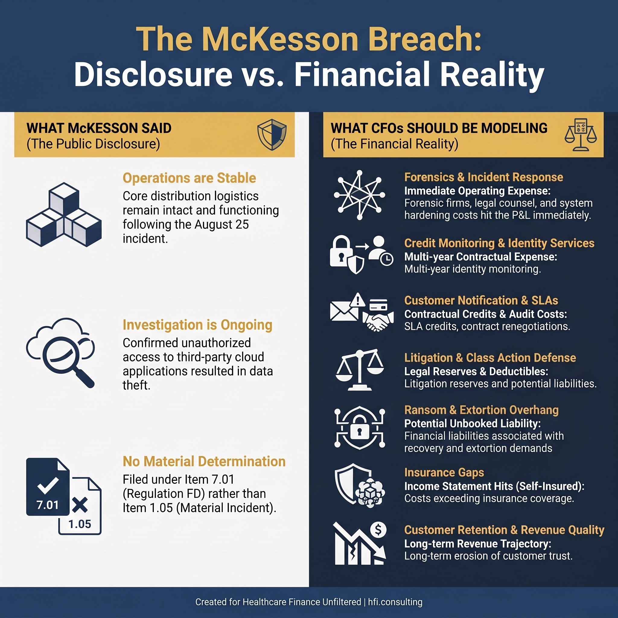 Infographic comparing McKesson's official breach disclosures to the seven financial cost categories healthcare CFOs should be modeling.