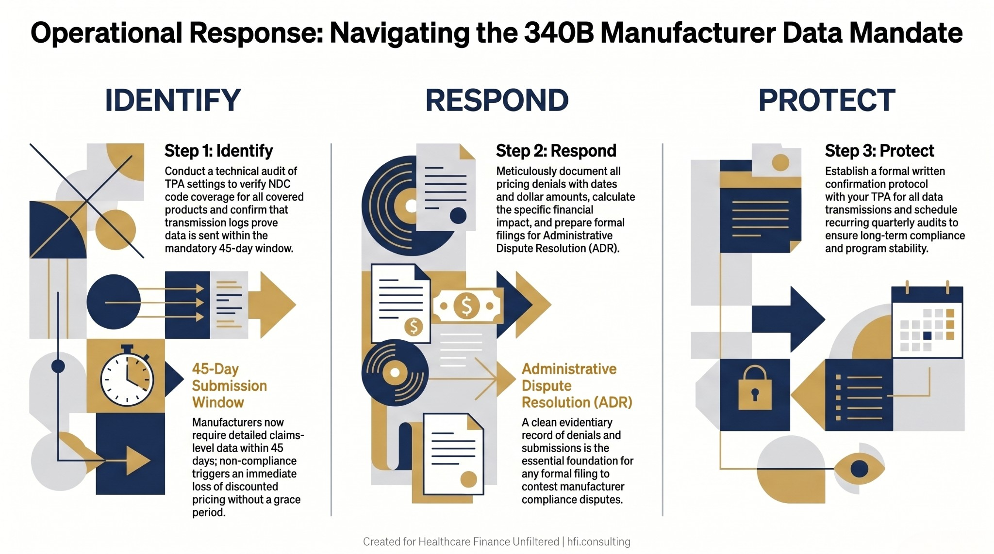 Three-column process flow diagram showing identify, respond, and protect steps for 340B TPA compliance with manufacturer data mandates.