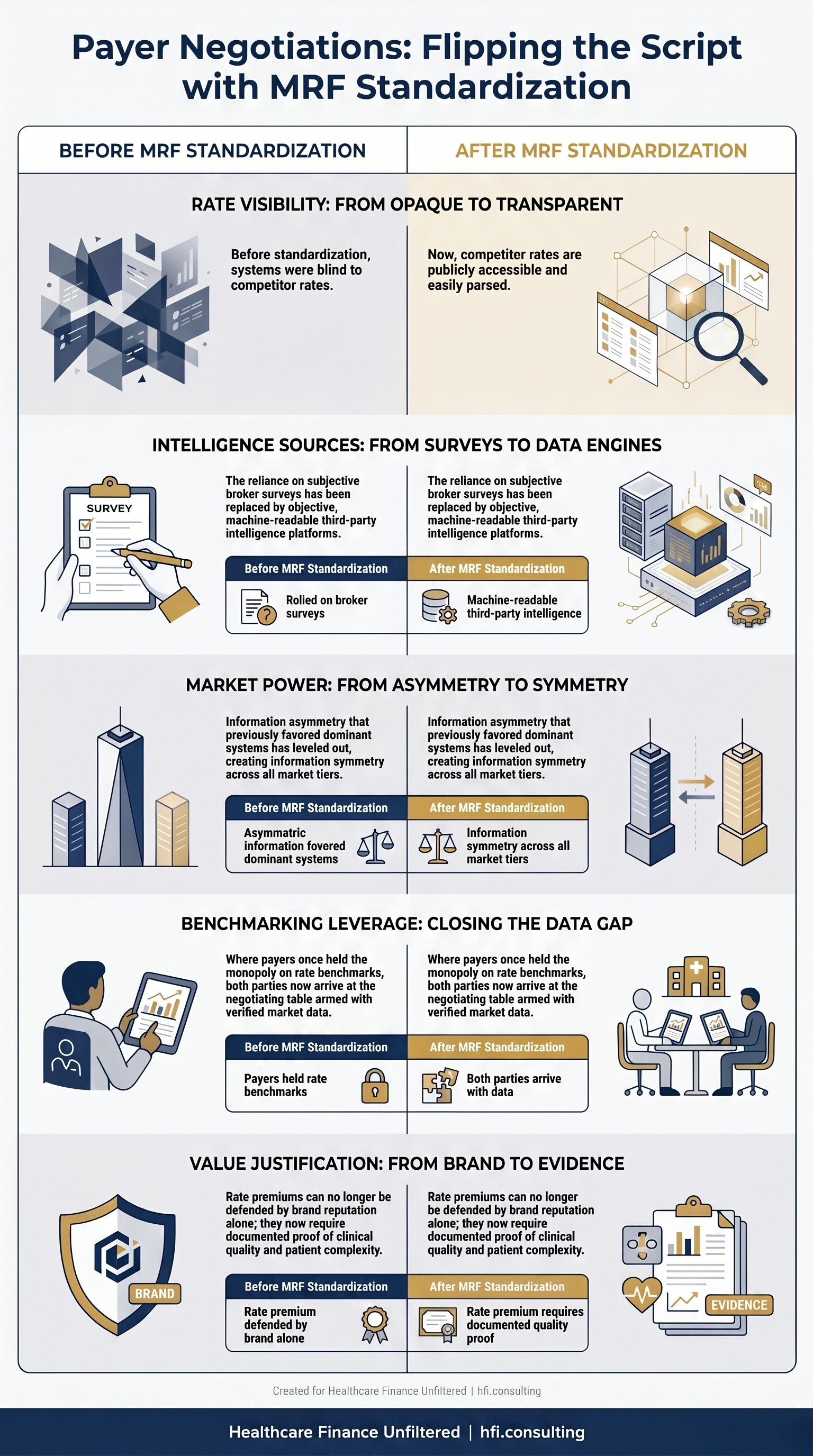 Comparison table showing how MRF standardization changed payer contract negotiation dynamics for hospital CFOs, from blind rate guessing to symmetrical market intelligence.