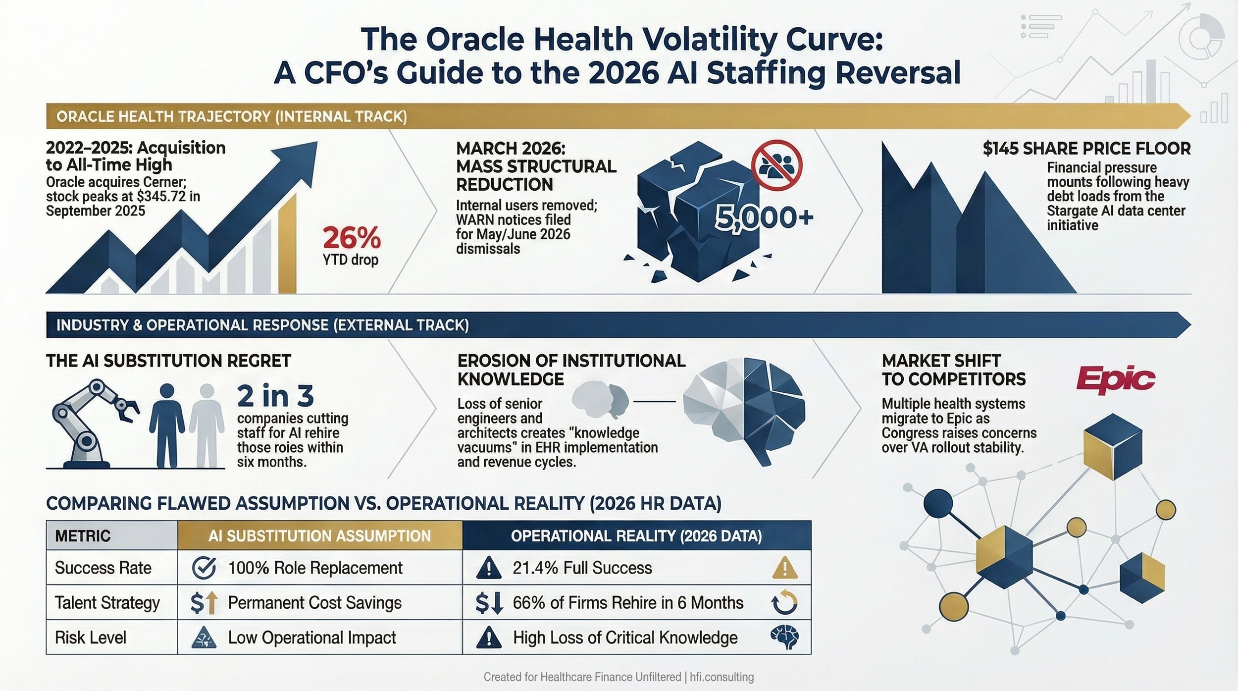 Dual timeline showing Oracle Health's trajectory from the 2022 Cerner acquisition through the 2026 layoffs alongside industry response events.