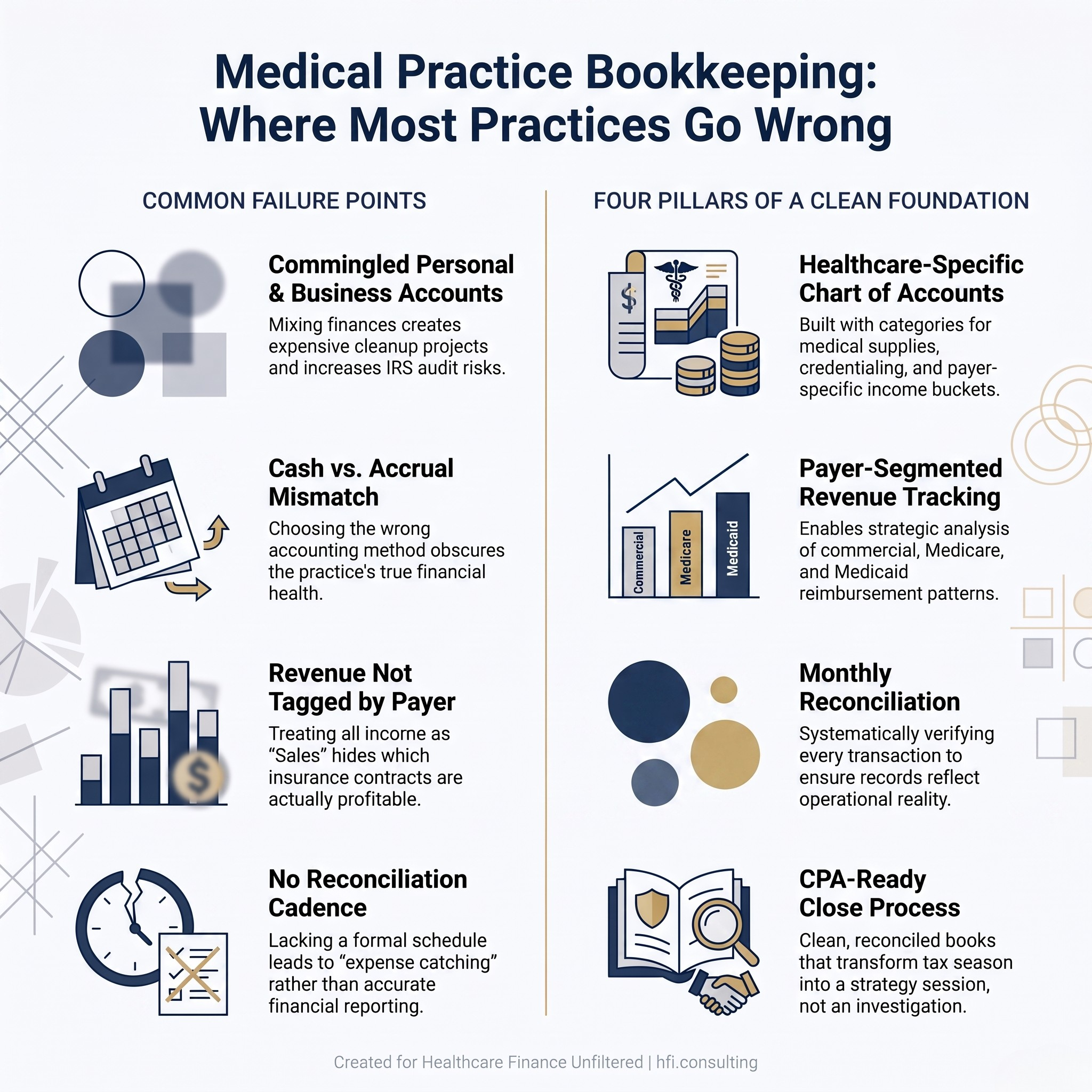 Infographic showing four common bookkeeping failure points in medical practices and the four pillars of a clean financial foundation