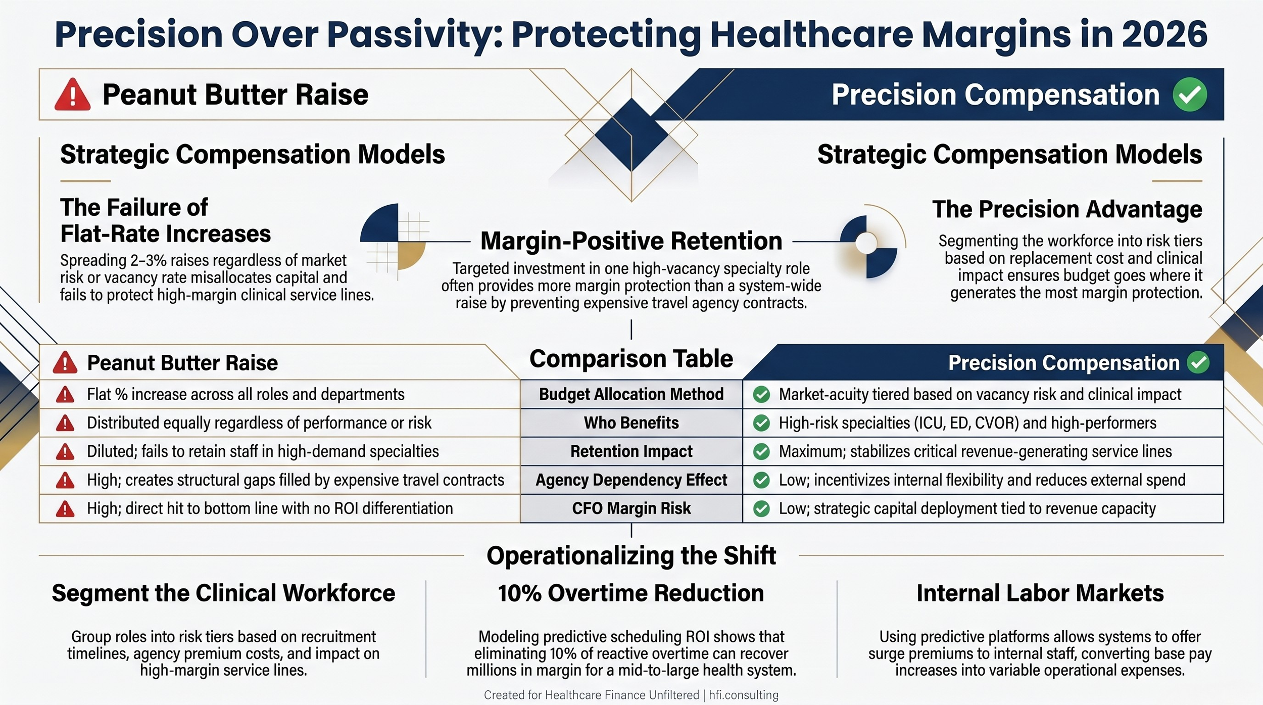 Comparison table contrasting peanut butter raises with precision compensation across five dimensions including retention impact and margin risk.