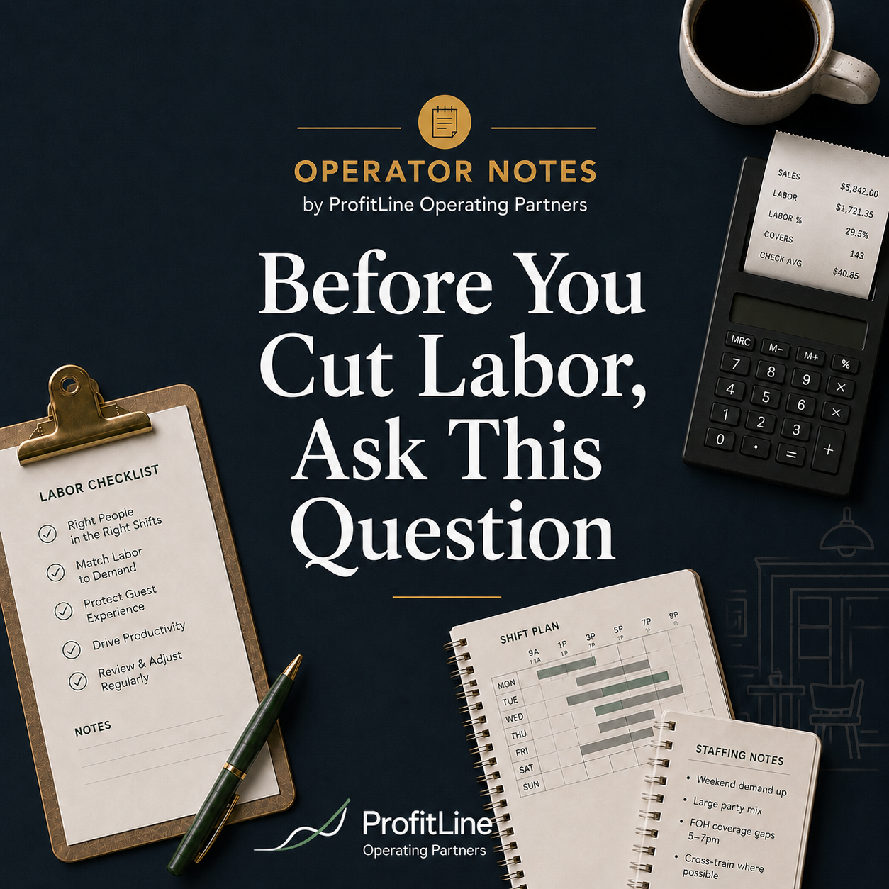 Before you cut labor, ask this question - Operator Notes cover image by ProfitLine Operating Partners about restaurant labor management, shift planning, staffing decisions, labor checklists, guest experience, productivity, and restaurant operations.