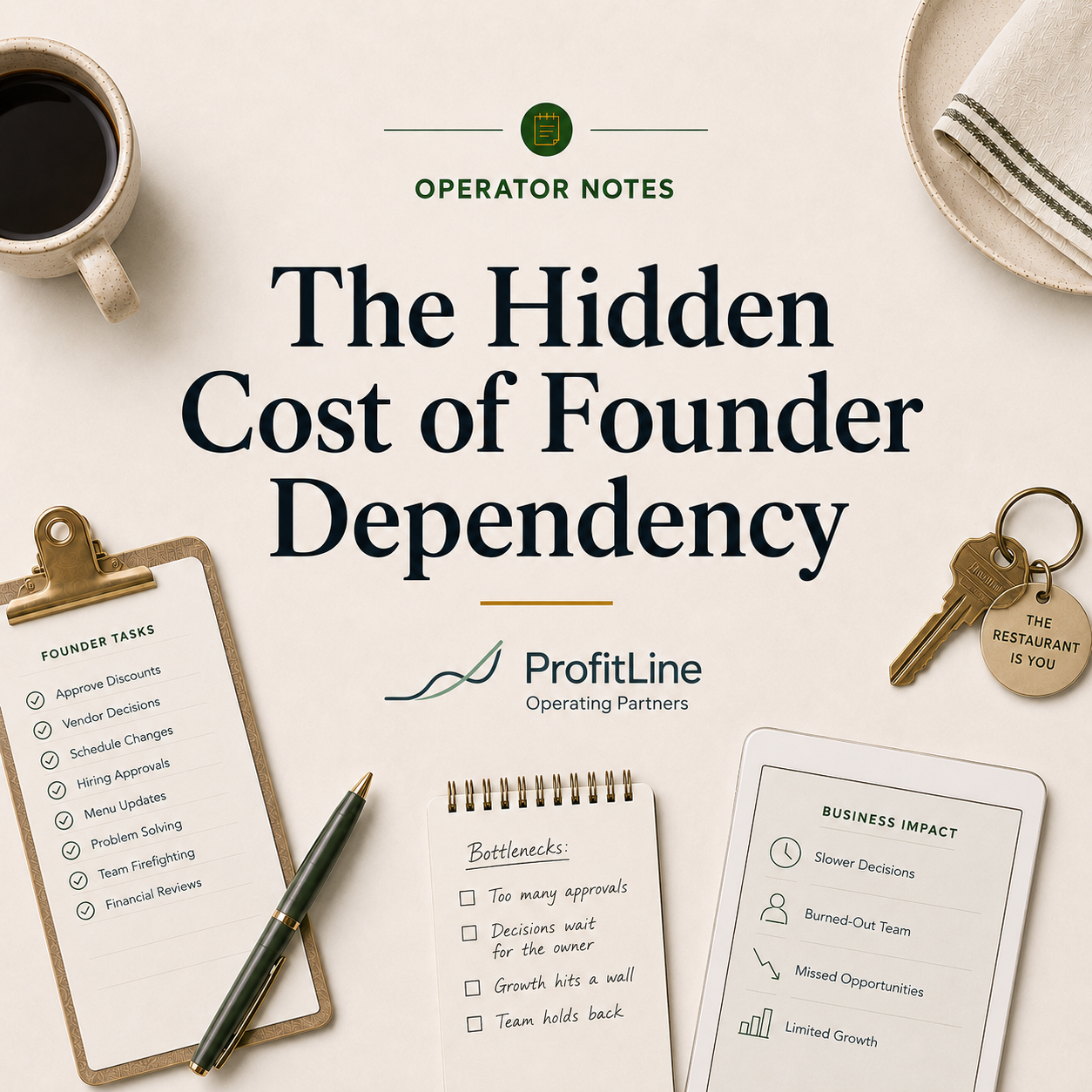The Hidden Cost of Founder Dependency - Operator Notes cover image from ProfitLine Operating Partners about founder-led restaurant growth, owner bottlenecks, decision-making, team dependency, operational systems, and restaurant leadership structure.