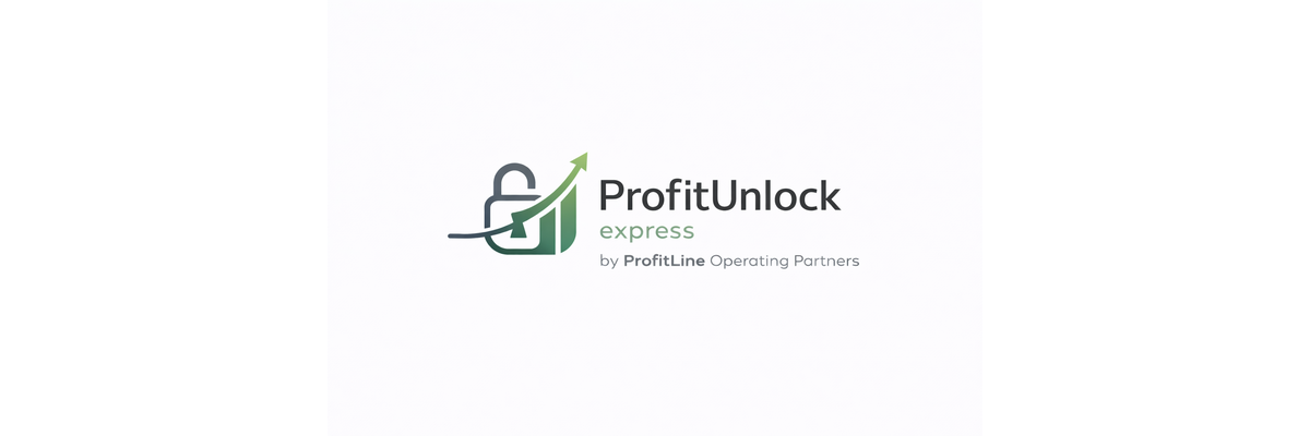 Logo for ProfitUnlock express by ProfitLine Operating Partners, featuring a key and lock with an upward arrow