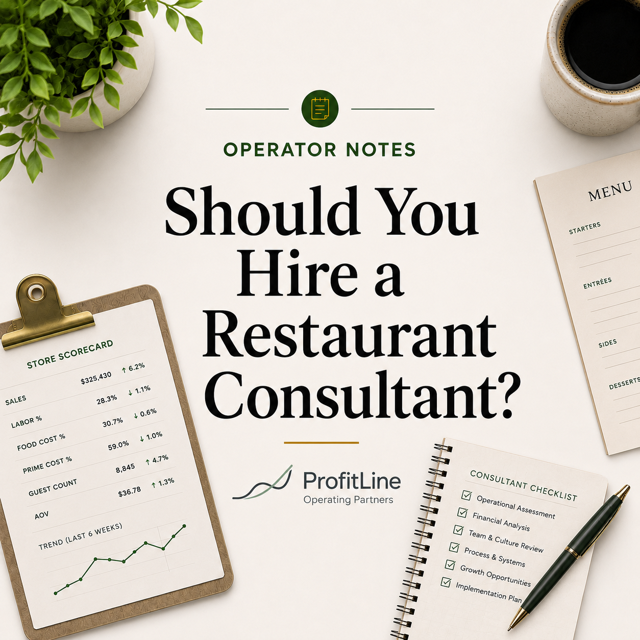 Should you hire a restaurant consultant - Operator Notes cover image from ProfitLine Operating Partners about restaurant consulting, operations improvement, store performance, prime cost, financial analysis, and growth support.