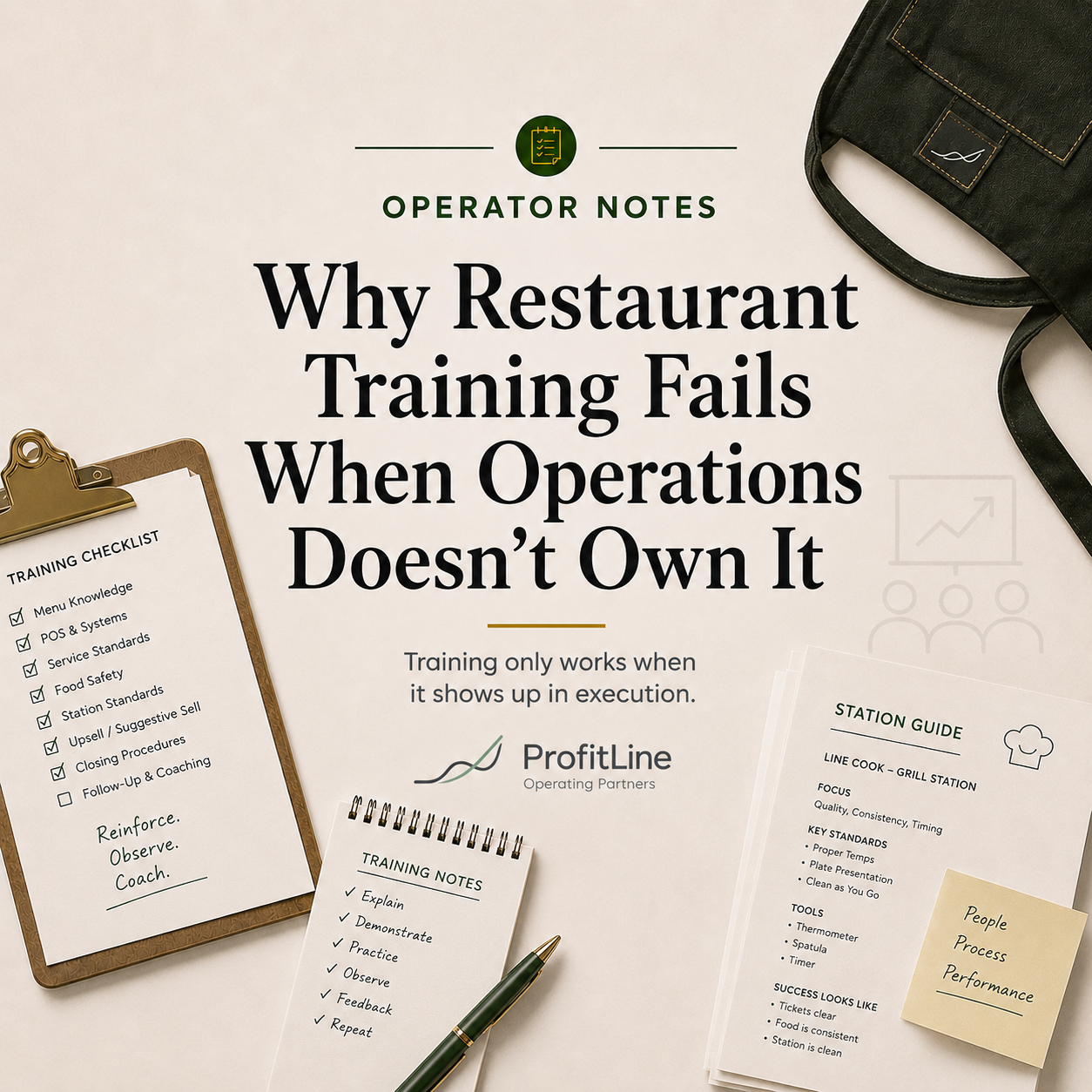 Why restaurant training fails when operations does not own it - Operator Notes cover image for ProfitLine Operating Partners featuring training checklists, station guides, manager notes, and restaurant operations tools.