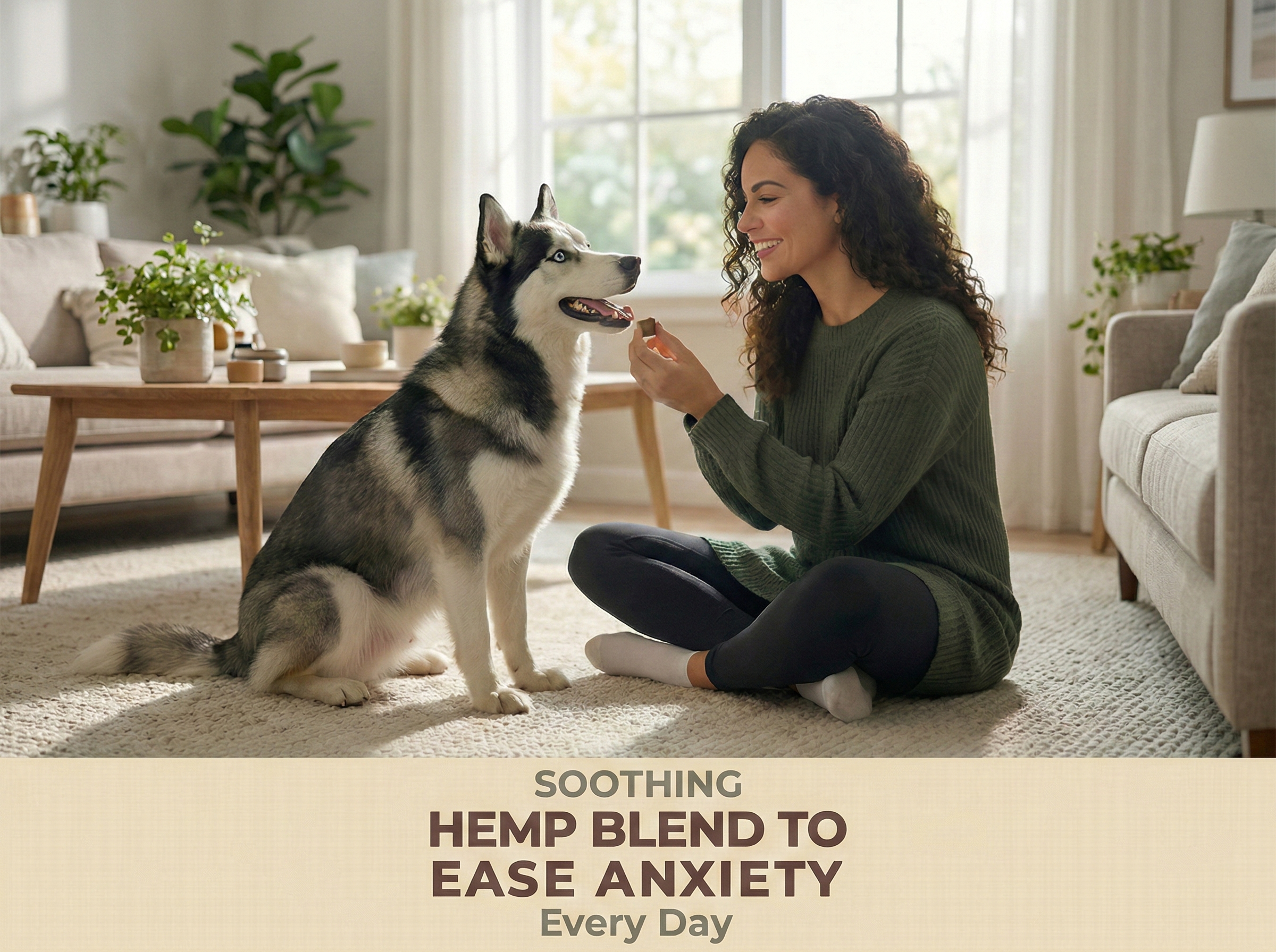 A woman sitting cross-legged on a beige carpet in a living room, smiling and holding a treat towards a Siberian Husky dog. The room has large windows, beige sofas, and various potted plants, with sunlight streaming in.