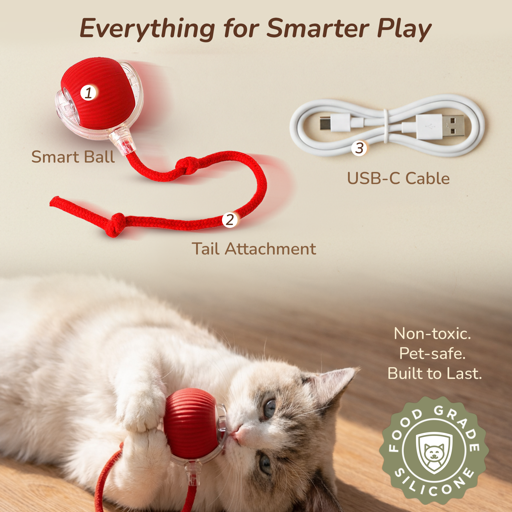 An advertisement showing a pet smart ball with a tail attachment, a USB-C cable, and a cat playing with the smart ball. The text highlights that it is non-toxic, pet-safe, and built to last, with a food-grade silicone seal.