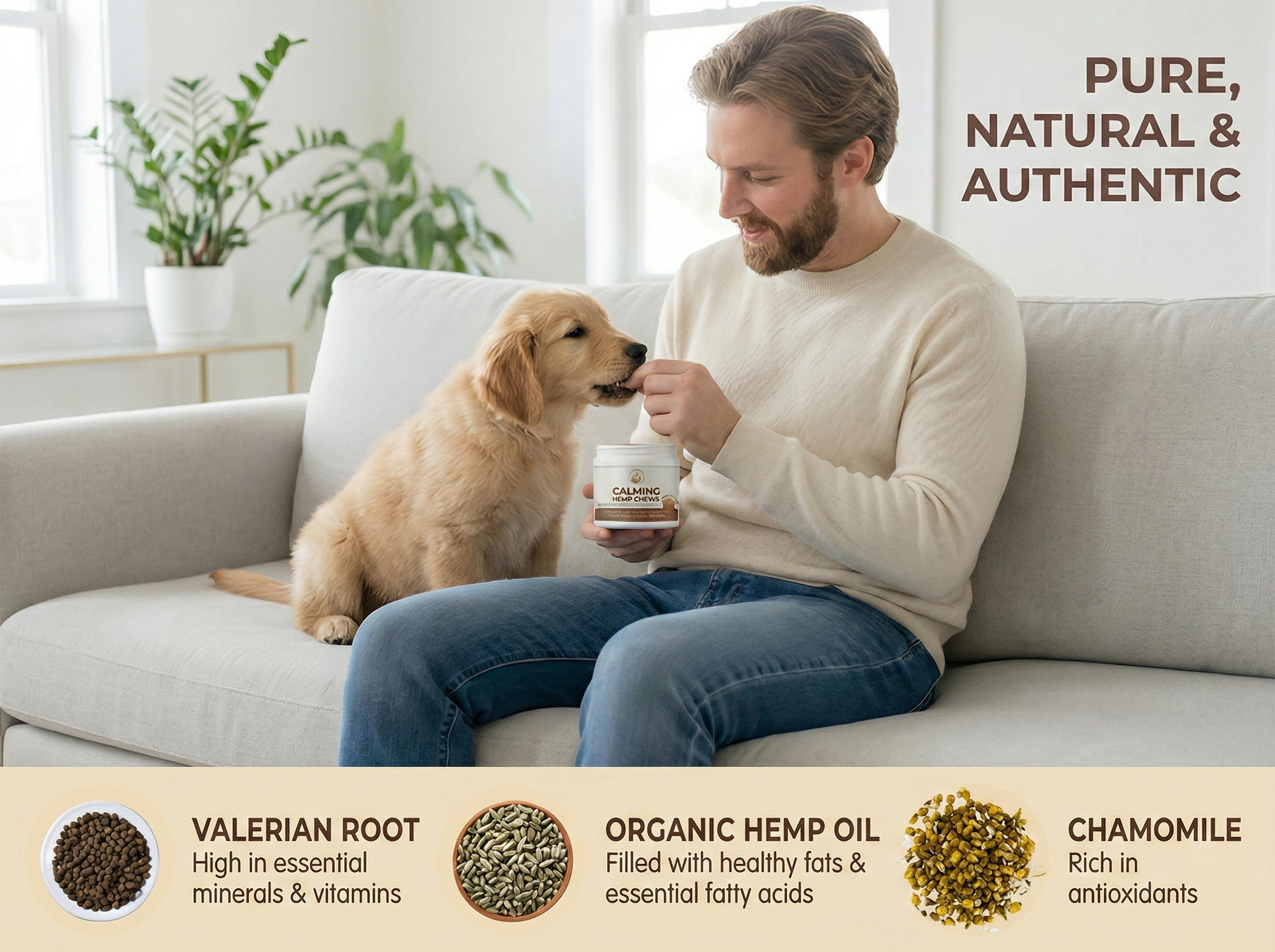A man sitting on a white couch giving a treat to a golden retriever puppy while holding a container labeled "Calming Hemp Chews". The background features a bright room with houseplants and large windows. The text on the image reads "Pure, Natural & A