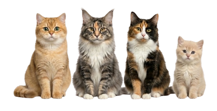 Four cats sitting side by side, with different colors and patterns of fur.