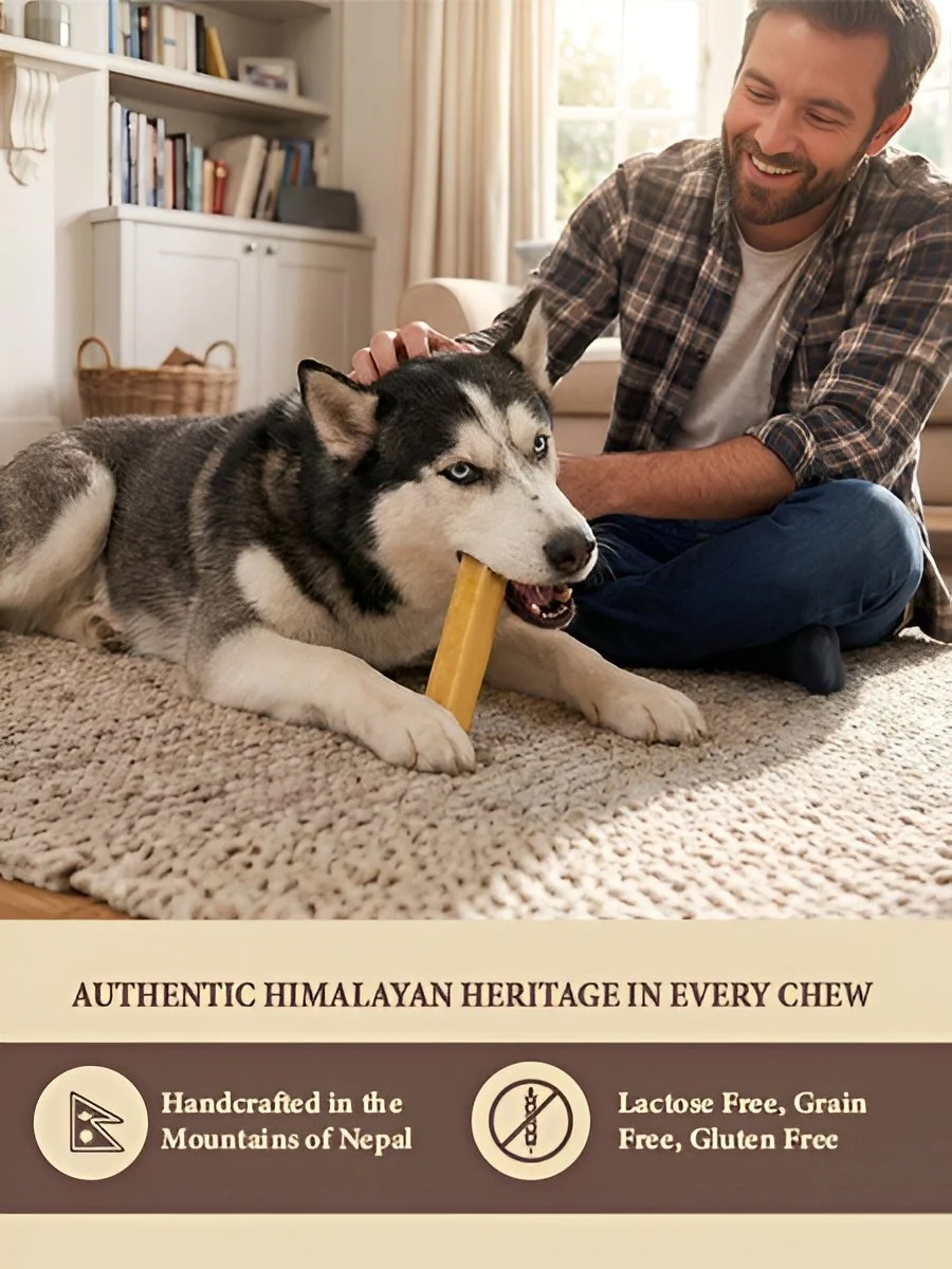 A man is playing with a Siberian Husky puppy with blue eyes on a beige carpet in a cozy living room. The puppy is chewing a yellow chew toy. The man is smiling and petting the puppy. The room features a bookshelf, a white cabinet, and a window with c