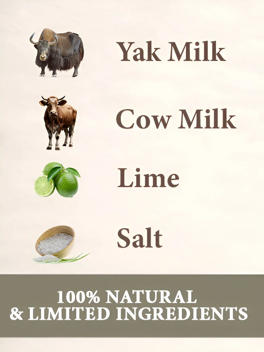 A sign showing ingredients for a product, with pictures of a buffalo, cow, lime, and salt, indicating yak milk, cow milk, lime, and salt. Text mentions 100% natural and limited ingredients.