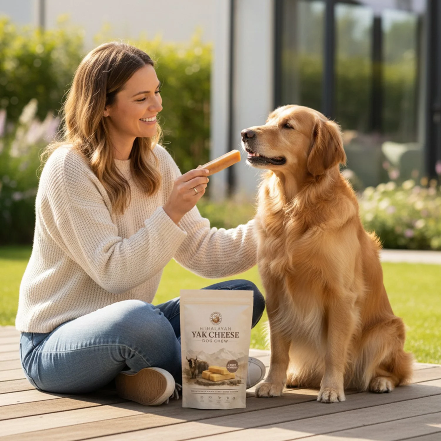 A woman sitting outdoors on a wooden deck, holding a dog treat near a golden retriever's nose. There is a bag of Yukon Yukon Yak Cheese Dog Chew on the ground next to her, and the dog appears happy and attentive. The background shows a modern house with large windows and a garden.