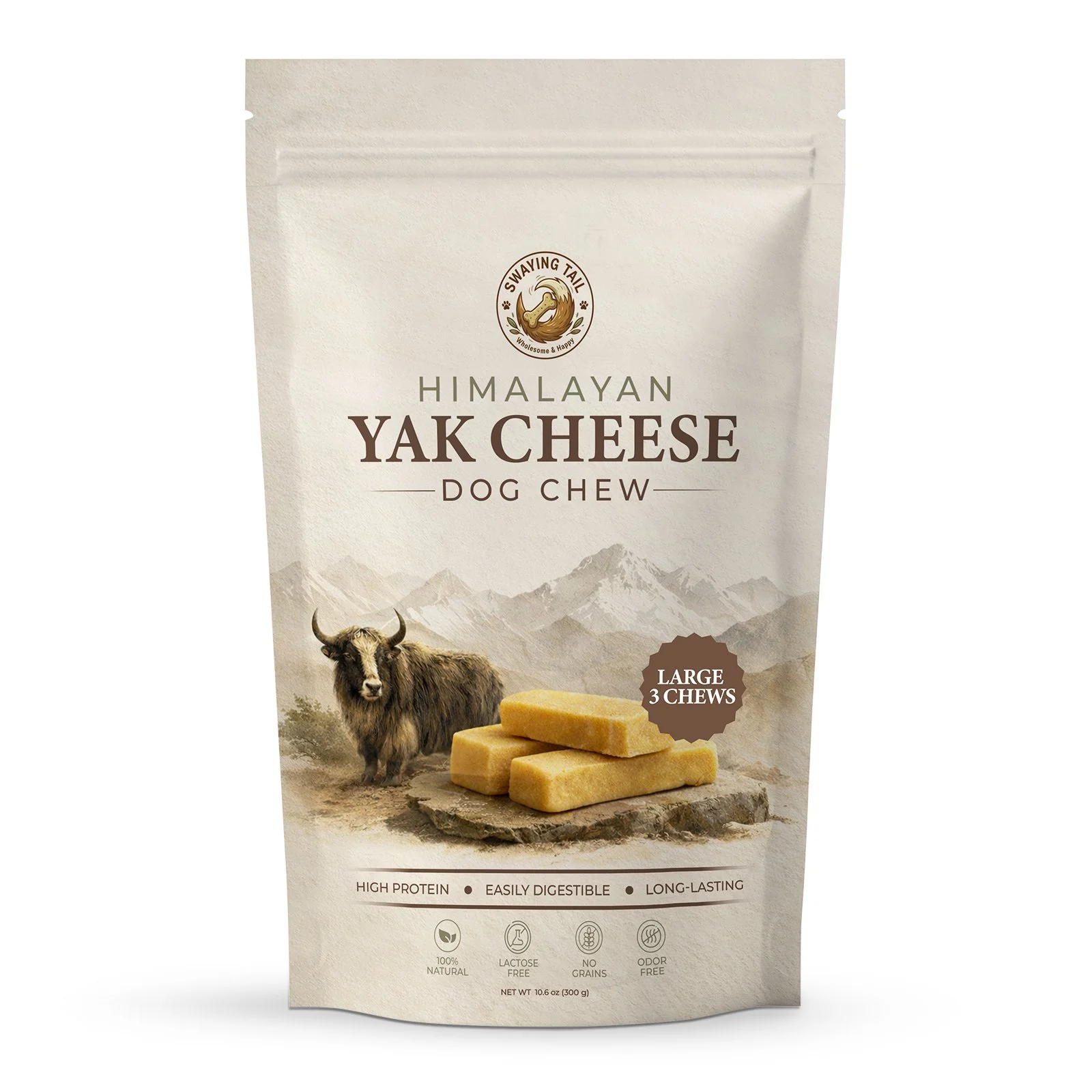 Himalayan Yak Cheese dog chew package with a yak illustration, mountain background, and cheese sticks, indicating large size with three chews.