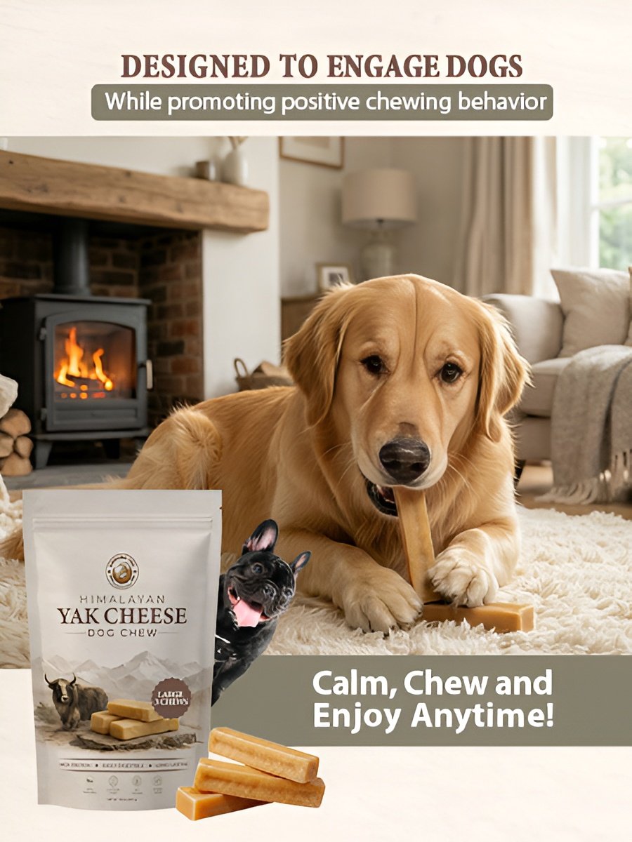 A dog chewing a stick of Himalayan yak cheese dog chew on a cozy living room rug with a fireplace and sofa in the background, promoting calm and positive chewing for dogs.