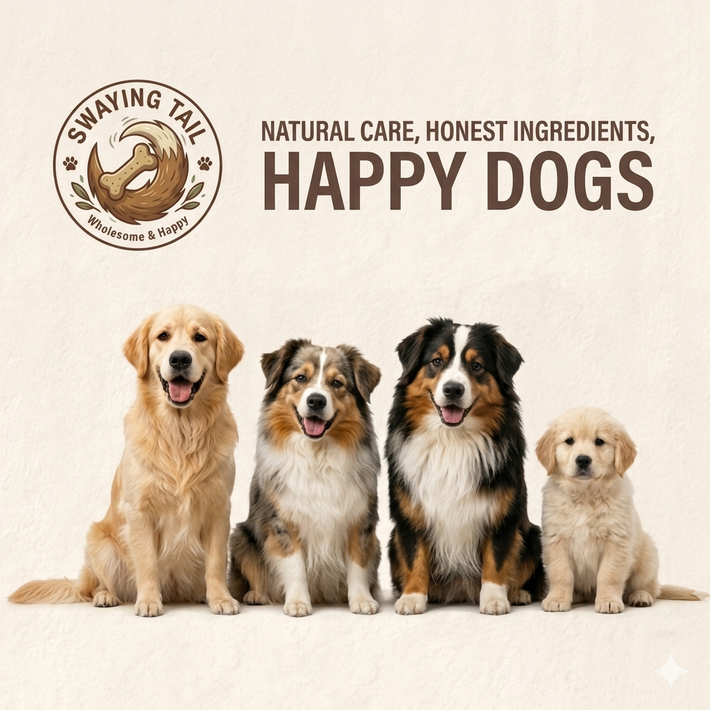 Four happy dogs of different breeds sitting in a row against a plain background with upbeat text about natural care and honest ingredients for dogs, featuring a logo with a bone and paw print.