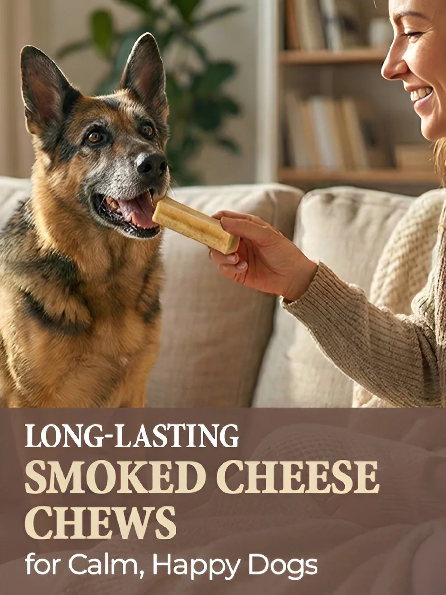 A woman feeding a dog a smoked cheese chew, sitting on a couch in a cozy living room with bookshelves and greenery in the background.