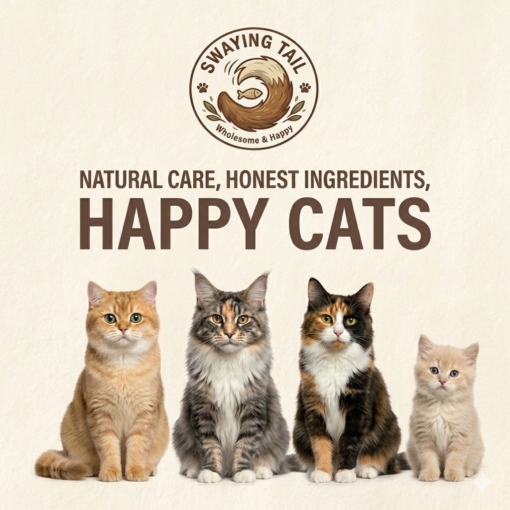 Poster advertising Swaying Tail cat treats with four different cats sitting below the text. The poster emphasizes natural care and honest ingredients for happy cats.