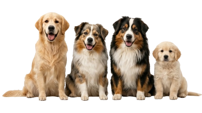 Four dogs sitting in a row, including a golden retriever, an Australian shepherd, a Bernese mountain dog, and a golden retriever puppy, against a transparent background.