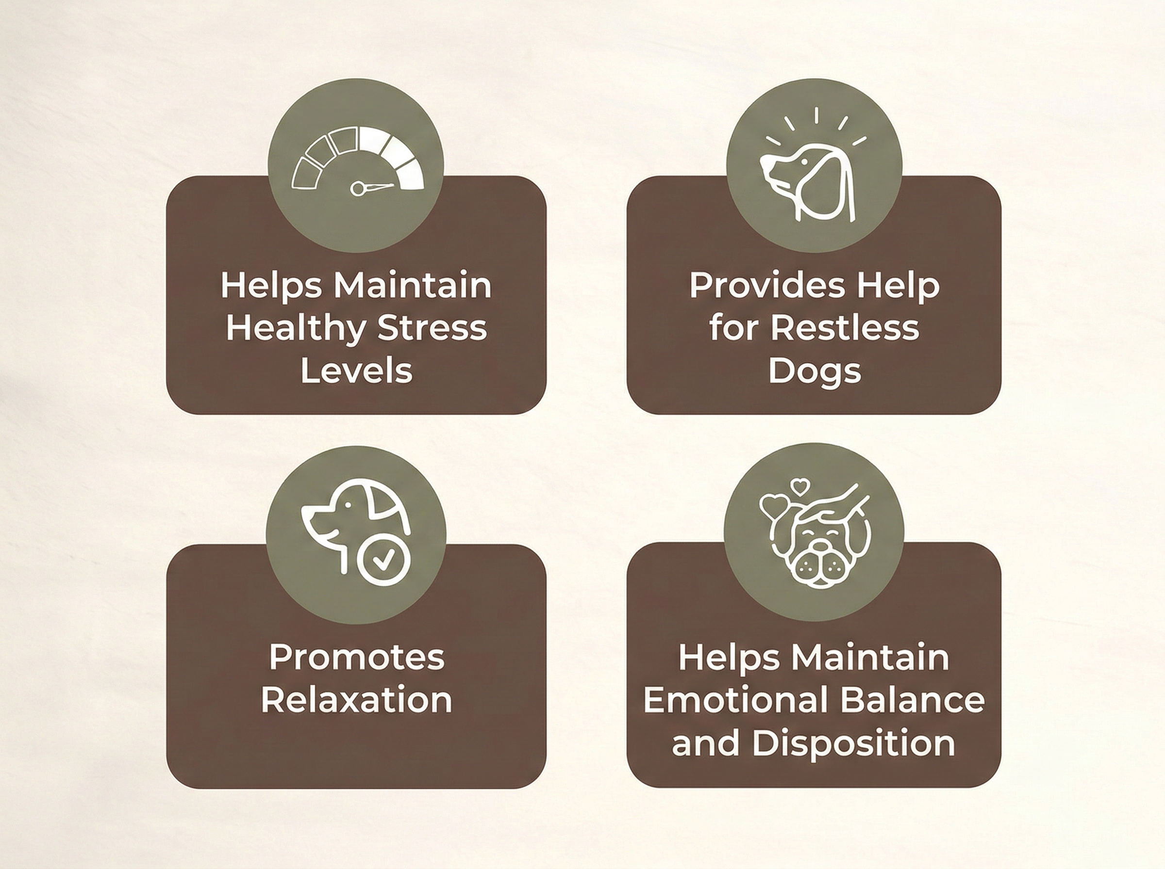 Infographic highlighting benefits of a product for dogs, including maintaining healthy stress levels, helping restless dogs, promoting relaxation, and maintaining emotional balance.