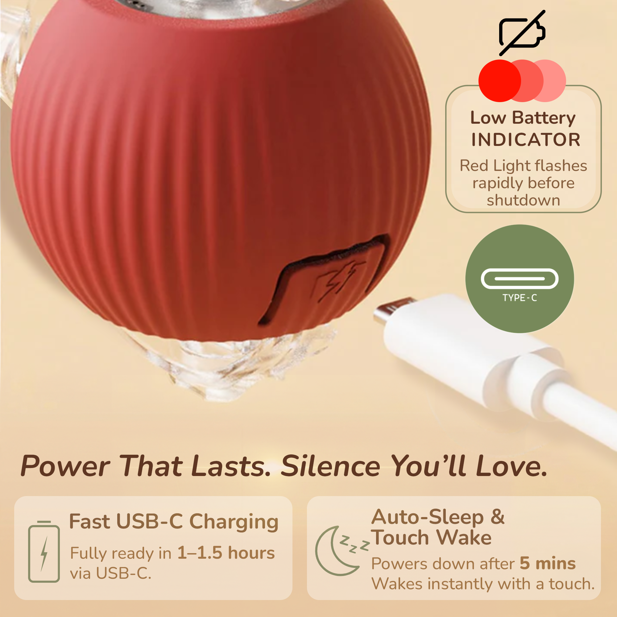 A red, ribbed, spherical smart device with a low battery indicator flashing red, next to a white USB-C charging cable. The device is partially submerged in water. The image features text highlighting fast USB-C charging, auto-sleep and touch wake fea