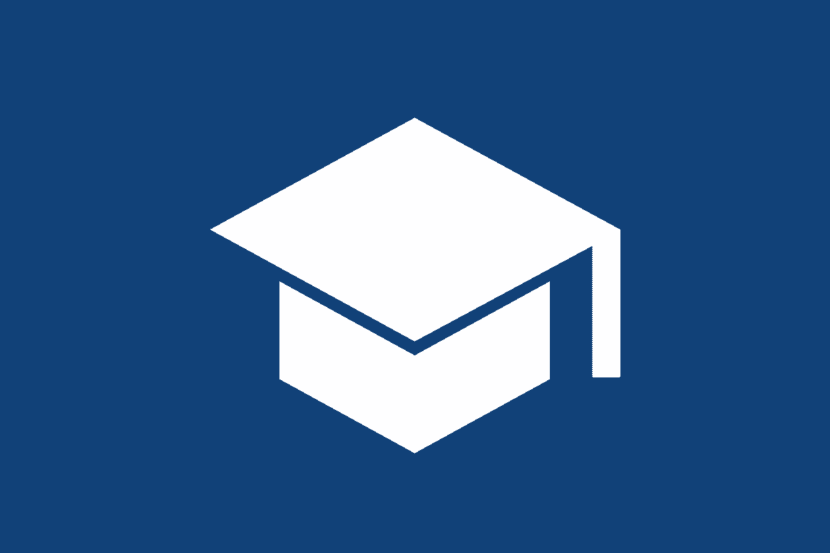 Blue background with a white stylized graduation cap logo in the center.