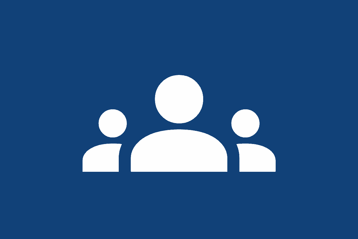 Icon of three white people on a blue background, representing a group or community.