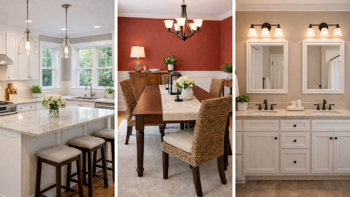 Collage of three different rooms: a kitchen with white cabinets, granite countertops, and large windows; a dining room with a wooden table, woven chairs, and a flower arrangement; a bathroom with a double vanity, mirrors, and wall-mounted lights.