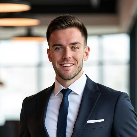 A smiling young man in a dark suit, white shirt, and dark tie, standing in a modern office with large windows and hanging ceiling lights.