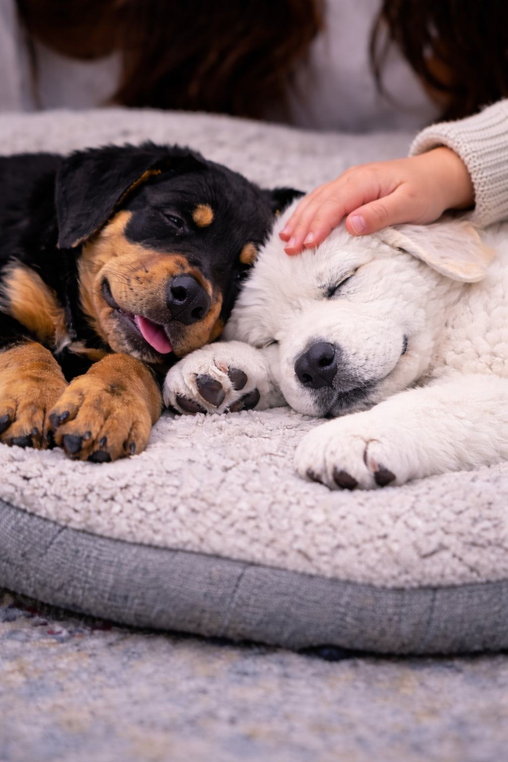 Two puppies, one black and tan and the other white, peacefully sleeping close together on a soft rug, with a person's hand petting the white puppy's head.