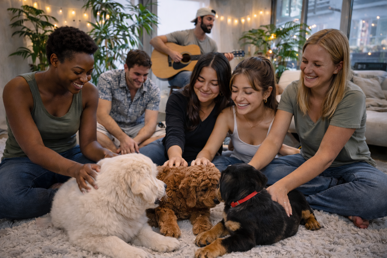 Group of friends sitting on a fluffy rug, petting three puppies, with a musician playing guitar in the background.