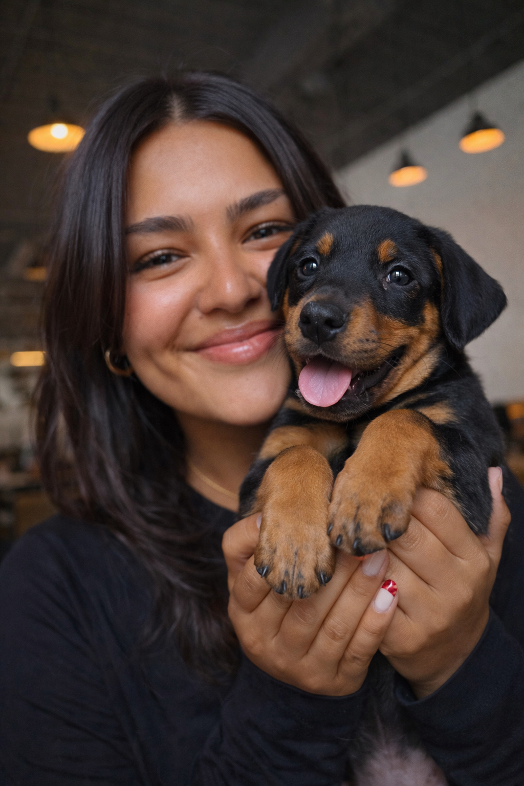 A smiling woman with dark hair holding a small black and brown puppy with its tongue out indoors.