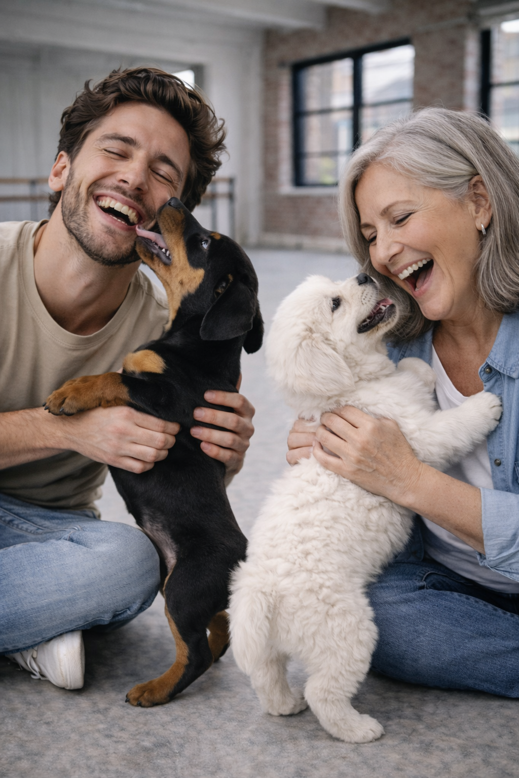 A happy man and woman playing with puppies in an indoor space with large windows.