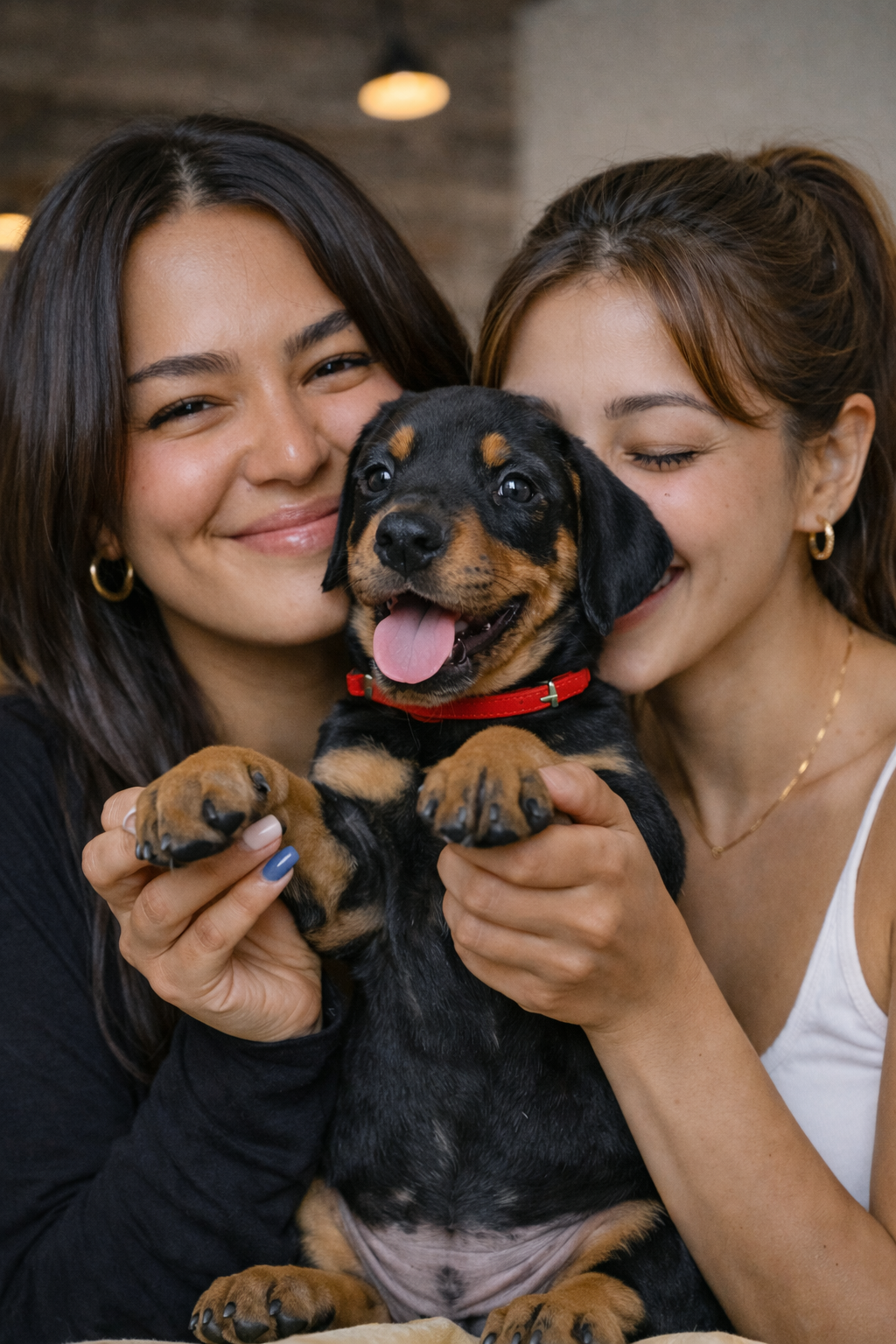 Two smiling women hold a playful black and tan puppy between them, the puppy's tongue out, showing affection and happiness.