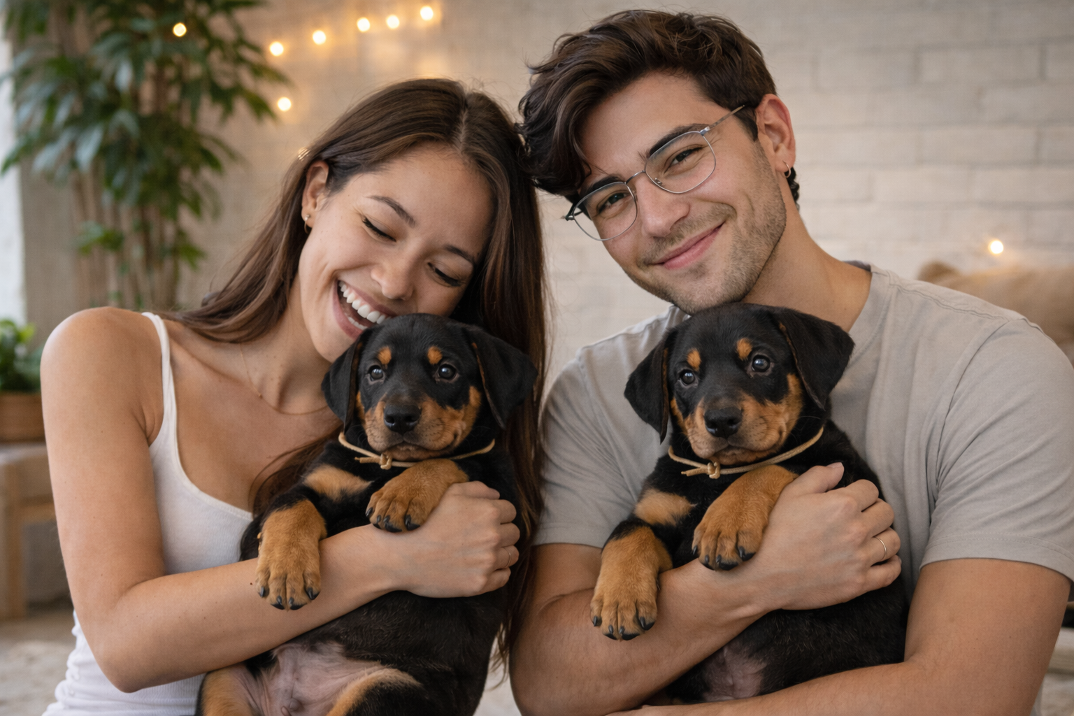 A smiling woman and man holding adorable black and tan puppies in a cozy indoor setting with string lights and a potted plant in the background.