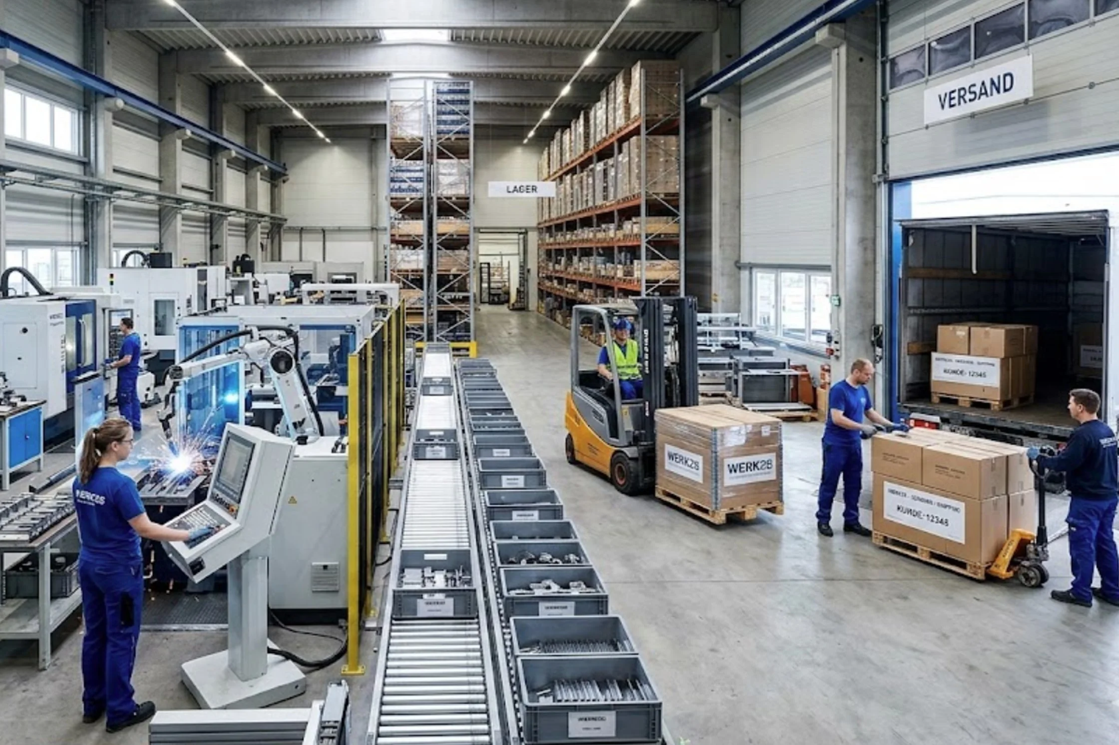 Ein Lagerhaus mit Regalen voller Kisten und mehreren Arbeitern, die verschiedene Tätigkeiten ausführen, sowie Gabelstapler und elektronische Geräte im Vordergrund.