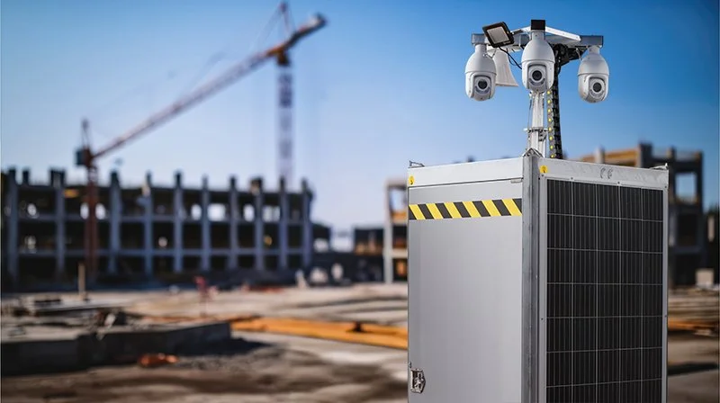 Auf einer Baustelle steht eine autonome Überwachungsdrohne auf einem Kasten, im Hintergrund ist ein Baukran zu sehen.