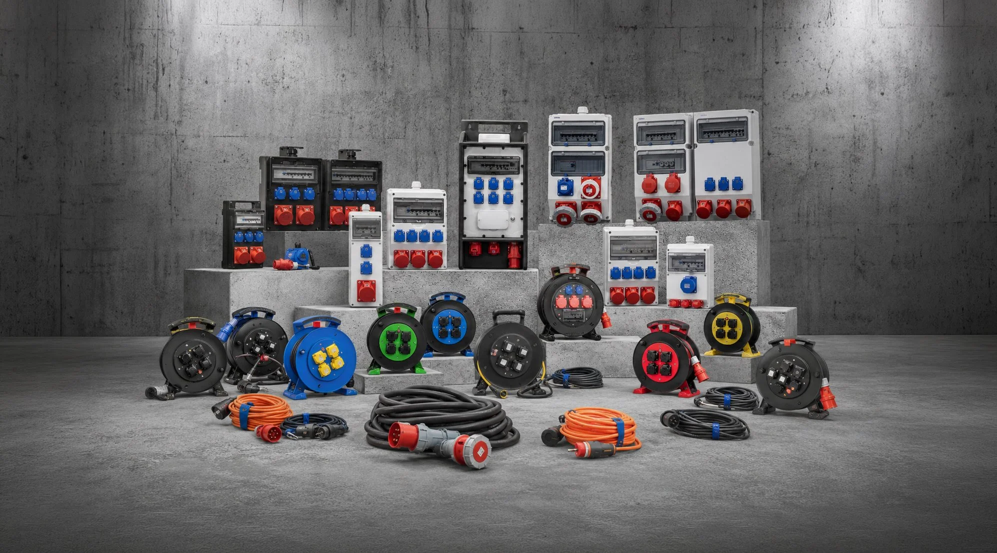 Verschiedene elektrische Verlängerungskabel, Wandverteiler, Mobile Verteiler und Kabeltrommeln in schwarz, blau, grün, rot und gelb, auf Steinen und im Hintergrund eine graue Wand.