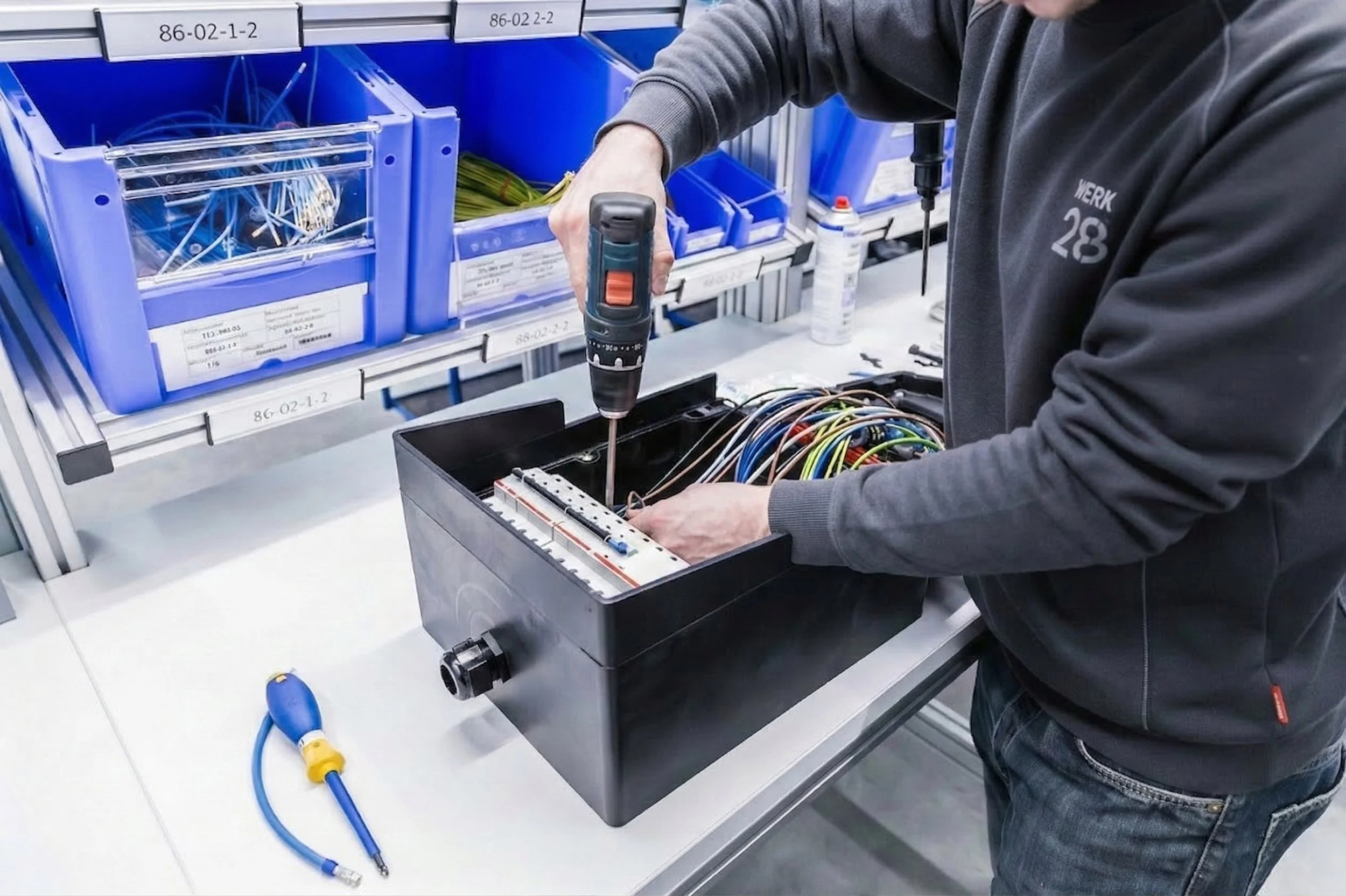 Ein Handwerker arbeitet an einem elektrischen Steuergerät mit mehreren Drähten in einer Werkstatt. Er verwendet ein Werkzeug, um die Drähte zu befestigen oder zu reparieren. Im Hintergrund befinden sich blaue Aufbewahrungsboxen mit Kartons und Kabeln.