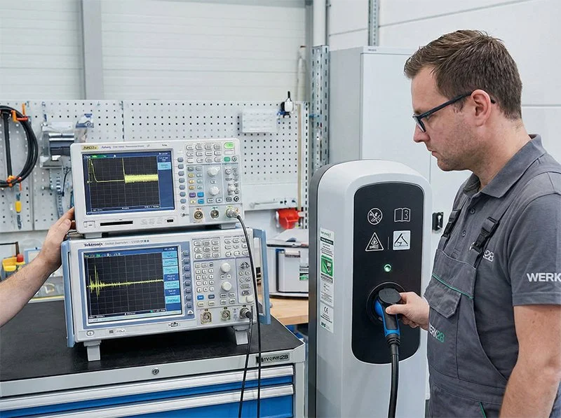 Ein Mann in einem Werkstattlabor arbeitet an einem elektrischen Gerät, während eine andere Person die Oszilloskope überwacht.
