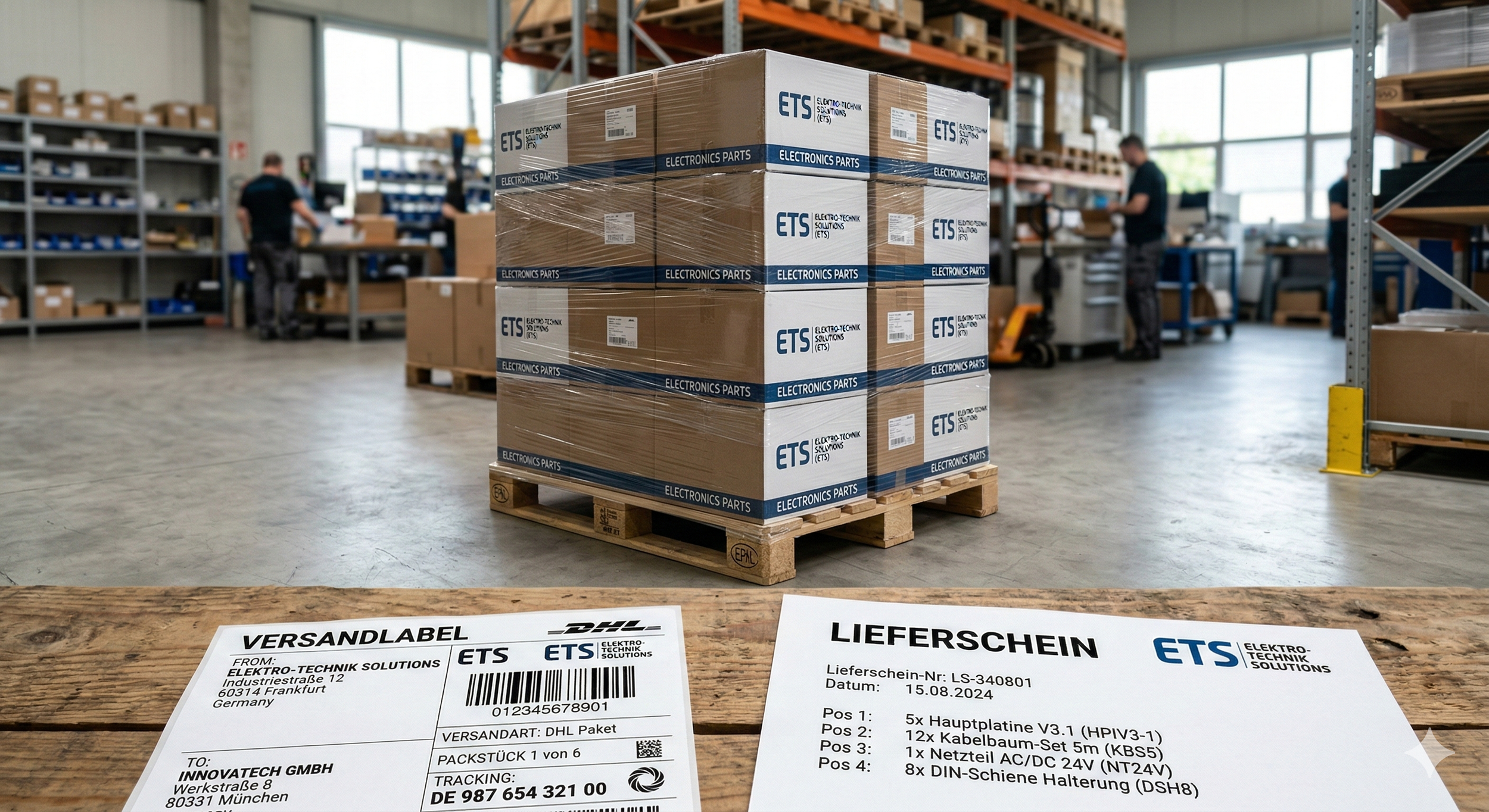Lagerraum mit Paletten, überwiegend mit Kartons beschriftet, und Mitarbeitende bei Arbeit in einem Lagerhaus, im Hintergrund Regale mit Vorräten, helle Räume mit großen Fenstern.