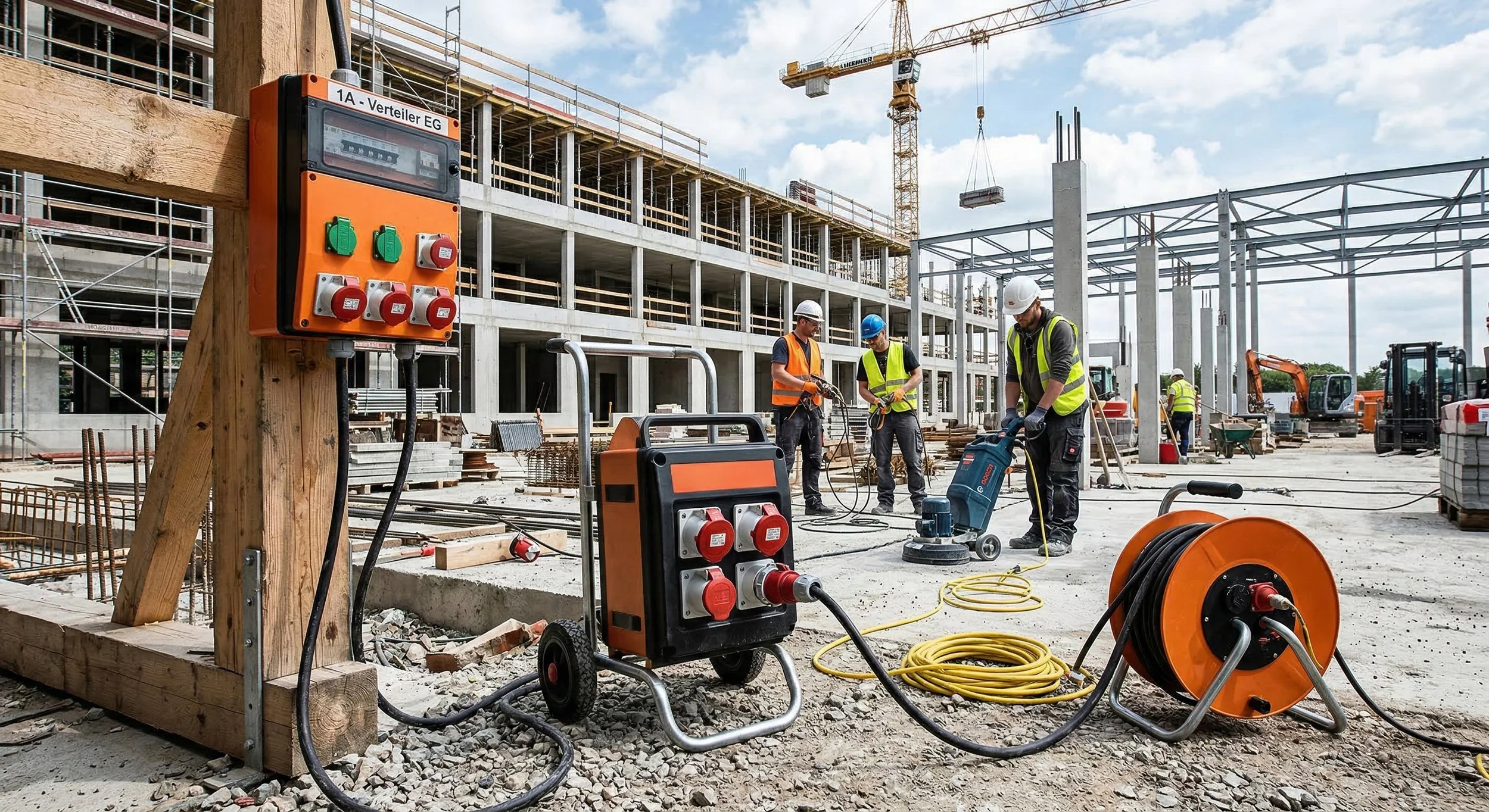 Bauarbeiter arbeiten auf einer Baustelle mit Baugerüsten, Kräne und Baustellenfahrzeugen im Hintergrund, Mess- und Elektrowerkzeuge im Vordergrund.
