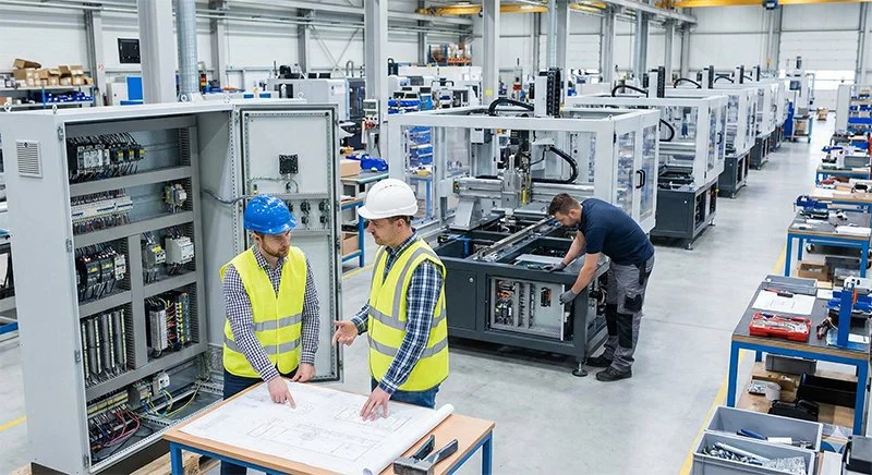 Zwei Ingenieure in Sicherheitswesten und Helmen besprechen technische Unterlagen in einer Fabrikhalle mit industriellen Maschinen und Wartungsarbeiten.