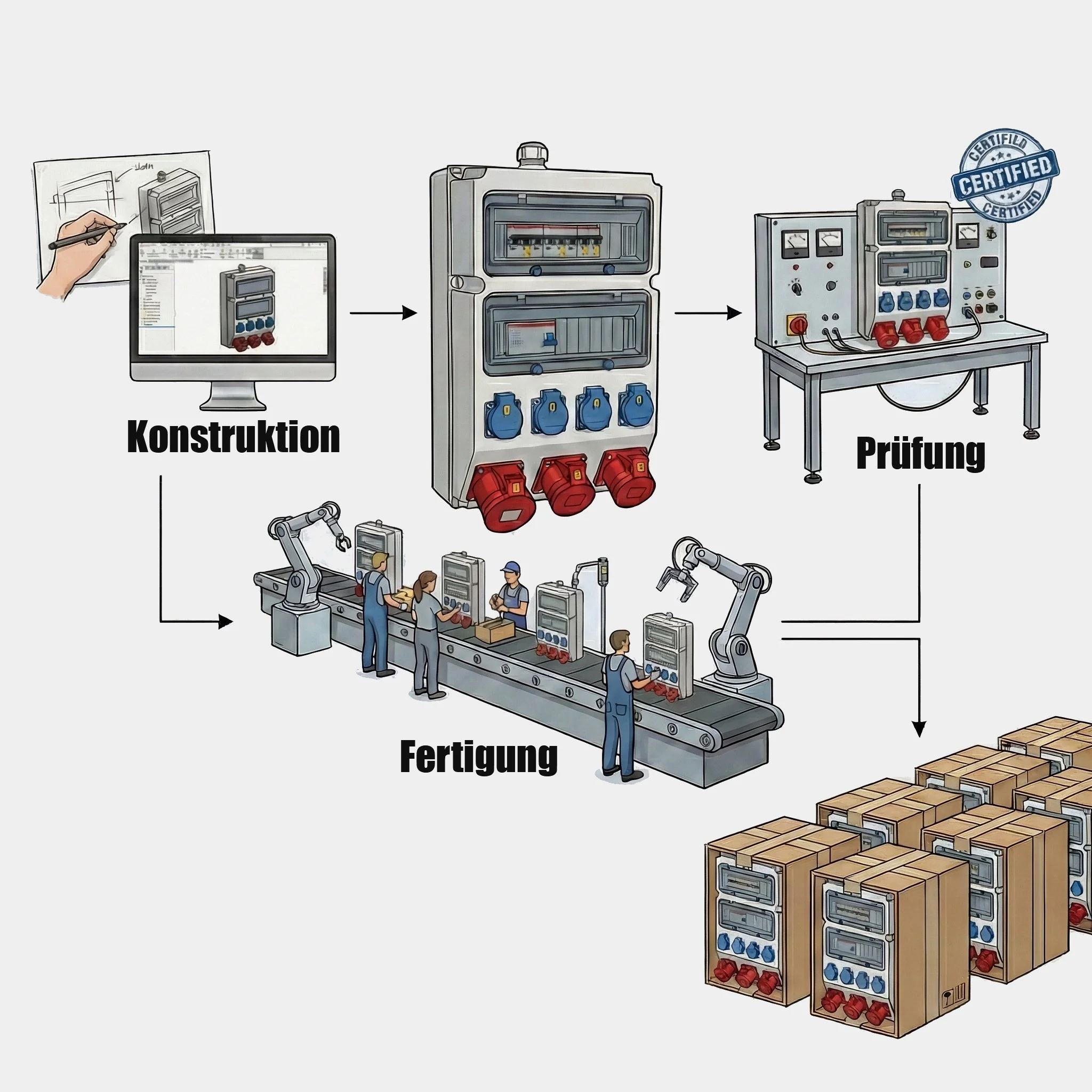 Diagramm zeigt den Ablauf der Produktion: Konstruktion, Prüfung, Fertigung, Verpackung, Lagerung und Versand in einer automatisierten Fabrik mit Robotern und Maschinen.